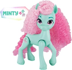 Size: 919x886 | Tagged: safe, part of a set, minty, earth pony, pony, g3, g5, my little pony: make your mark, official, female, generation leap, merchandise, rainbow celebration, simple background, solo, style of the day, text, toy, unshorn fetlocks, white background