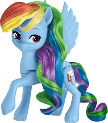 Size: 744x843 | Tagged: safe, part of a set, rainbow dash, pegasus, pony, g4, g5, my little pony: make your mark, official, female, g4 to g5, generation leap, merchandise, rainbow celebration, simple background, solo, style of the day, toy, unshorn fetlocks, white background