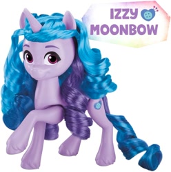 Size: 836x843 | Tagged: safe, part of a set, izzy moonbow, pony, unicorn, g5, my little pony: make your mark, official, female, horn, merchandise, rainbow celebration, simple background, solo, style of the day, text, toy, unshorn fetlocks, white background