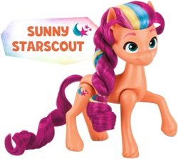 Size: 925x829 | Tagged: safe, part of a set, sunny starscout, earth pony, pony, g5, my little pony: make your mark, official, braid, female, mane stripe sunny, merchandise, rainbow celebration, simple background, solo, style of the day, text, toy, unshorn fetlocks, white background