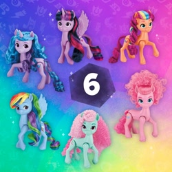 Size: 1024x1024 | Tagged: safe, izzy moonbow, minty, pinkie pie, rainbow dash, sunny starscout, twilight sparkle, alicorn, earth pony, pegasus, pony, unicorn, g3, g4, g5, my little pony: make your mark, official, 6, afro, bangs, braid, brushable, curly hair, curly mane, cute, female, g4 to g5, generation leap, horn, mane stripe sunny, merchandise, mintabetes, multicolored hair, multicolored mane, rainbow background, rainbow celebration, rainbow hair, raised hoof, ringlets, style of the day, toy, twilight sparkle (alicorn), unshorn fetlocks, wings