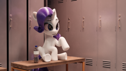 Size: 3840x2160 | Tagged: safe, anonymous artist, rarity, pony, unicorn, g4, 3d, 3d model, female, gachimuchi, high res, locker room, lockers, mare, open mouth, render, renderman, sitting, solo, water bottle