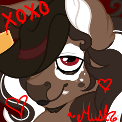 Size: 1000x1000 | Tagged: safe, artist:woofpoods, oc, oc:hushknack, cow, cow pony, pony, autograph, cowboy hat, curly hair, curly mane, hat, photo, red eyes, smiling, smirk