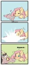Size: 927x2048 | Tagged: safe, artist:lululaozi, discord, fluttershy, draconequus, pegasus, pony, squirrel, g4, animal, blushing, boop, comic, cute, discute, ear fluff, exclamation point, eyes closed, female, heart, lying down, male, noseboop, prone, redesign, ship:discoshy, shipping, signature, smiling, straight, transformation