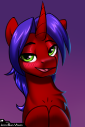 Size: 2000x3000 | Tagged: safe, artist:jedayskayvoker, oc, oc only, oc:xeon ripper, pony, unicorn, bust, chest fluff, colored sketch, commission, flirting, gradient background, high res, hooves, hooves to the chest, horn, icon, looking at you, male, portrait, raised eyebrows, sketch, smiling, smiling at you, solo, stallion, unicorn oc