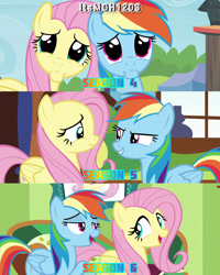 Size: 2458x3072 | Tagged: safe, edit, edited screencap, editor:itsmgh1203, screencap, fluttershy, rainbow dash, pegasus, pony, flutter brutter, g4, season 4, season 5, season 6, tanks for the memories, trade ya!, cute, daaaaaaaaaaaw, dashabetes, duo, duo female, female, fluttershy's cottage, frown, high res, hnnng, open mouth, open smile, shyabetes, singing, smiling, text, weapons-grade cute