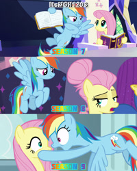 Size: 2458x3072 | Tagged: safe, edit, edited screencap, editor:itsmgh1203, screencap, fluttershy, rainbow dash, pegasus, pony, daring doubt, fake it 'til you make it, fame and misfortune, g4, season 7, season 8, season 9, alternate hairstyle, book, cloudsdale, cutie map, duo, duo female, female, flying, high res, open mouth, open smile, severeshy, smiling, spread wings, text, twilight's castle, wings