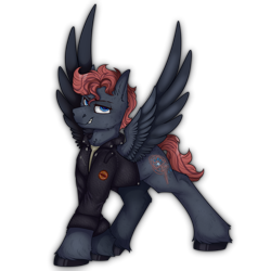 Size: 2300x2300 | Tagged: safe, artist:molars, oc, oc only, oc:dumpster fire, pegasus, pony, ashes town, fallout equestria, blue eyes, brand, branding, clothes, commission, dashite, dashite brand, feather, full body, greaser, high res, jacket, leather, leather jacket, looking at you, patch, scar, shading, simple background, smiling, smug, solo, spread wings, transparent background, unshorn fetlocks, wings