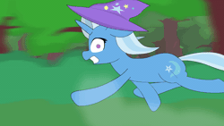 Size: 800x450 | Tagged: safe, artist:vilord, trixie, pony, unicorn, g4, animated, dumb running ponies, female, forest, gif, loop, mare, ouch, perfect loop, running, running away, solo, tree, trixie revenge
