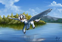 Size: 6000x4000 | Tagged: safe, artist:supermoix, oc, oc only, oc:dark tempest, alicorn, pony, alicorn oc, cloud, commission, cute, digital art, flying, forest, goggles, horn, lake, large wings, looking at you, male, mountain, open mouth, open smile, reflection, scenery, smiling, smiling at you, solo, stallion, tree, water, wings