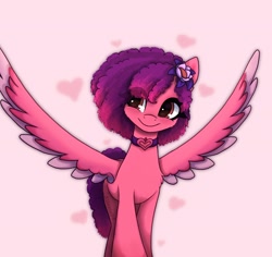 Size: 1776x1680 | Tagged: safe, artist:_alixxie_, ruby jubilee, pegasus, pony, bridlewoodstock (make your mark), g5, my little pony: make your mark, my little pony: make your mark chapter 4, spoiler:my little pony: make your mark chapter 4, spoiler:mymc04e01, bridlewoodstock, colored wings, female, flower, flower in hair, mare, smiling, solo, spread wings, two toned wings, wings