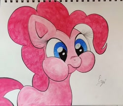 Size: 1496x1285 | Tagged: safe, artist:engi, pinkie pie, earth pony, pony, g4, cheek bulge, cute, diapinkes, eyelashes, female, missing cutie mark, photo, ponk, puffy cheeks, signature, simple background, solo, traditional art, watercolor painting