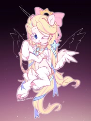 Size: 1080x1440 | Tagged: safe, artist:toast091019, oc, oc only, pegasus, pony, bow, gradient background, hair bow, one eye closed, pegasus oc, ribbon, smiling, solo, spread wings, wings, wink