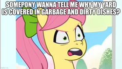 Size: 888x500 | Tagged: safe, edit, edited screencap, screencap, posey bloom, earth pony, pony, another pony's trash, g5, my little pony: tell your tale, spoiler:g5, spoiler:my little pony: tell your tale, spoiler:tyts01e23, aqua teen hunger force, caption, carl brutananadilewski, image macro, meme, posey can't catch a break, reference, solo, text