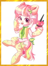 Size: 1371x1851 | Tagged: safe, artist:toast091019, oc, oc only, earth pony, pony, border, clothes, controller, earth pony oc, radio, ribbon, simple background, socks, solo, tamagotchi, thigh highs, white background