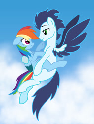 Size: 780x1024 | Tagged: safe, artist:soarindash8, rainbow dash, soarin', pegasus, pony, g4, base used, female, flying, looking at each other, looking at someone, male, mare, ship:soarindash, shipping, sky, smiling, smiling at each other, stallion, straight