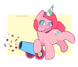 Size: 500x433 | Tagged: safe, artist:onionpwder, pinkie pie, earth pony, pony, g4, chubby, double chin, freckles, hat, jewelry, necklace, party cannon, party hat, solo