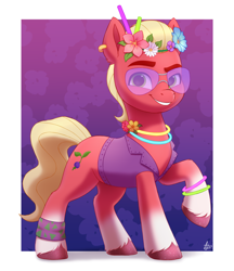 Size: 1600x1850 | Tagged: safe, artist:luminousdazzle, sprout cloverleaf, earth pony, pony, g5, spoiler:mymc04e01, bridlewoodstock, clothes, flower, flower in hair, glasses, glowstick, gradient hooves, grin, hoof polish, looking at you, male, outfit, raised hoof, simple background, smiling, solo, stallion, sunglasses, unshorn fetlocks, vest