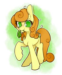 Size: 1000x1212 | Tagged: safe, artist:onionpwder, carrot top, golden harvest, pony, g4, carrot, food, herbivore, looking at you, mouth hold, simple background, smiling, solo, transparent background