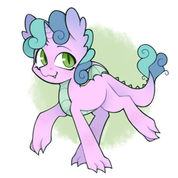 Size: 1000x1000 | Tagged: safe, artist:onionpwder, dracony, dragon, hybrid, pony, unicorn, g4, fusion, fusion:spike, fusion:spikebelle, fusion:sweetie belle, green eyes, hybrid fusion, scales, small wings, solo, wings
