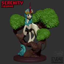 Size: 1600x1600 | Tagged: safe, artist:sunny way, rain shine, kirin, pony, g4, 3d, concave belly, craft, crown, digital art, female, figurine, fit, gray background, horn, jewelry, leonine tail, long tail, mare, muscles, quadrupedal, raised hoof, regalia, ribs, simple background, slender, smiling, statue, sternocleidomastoid, tail, tall, thin, tree, zbrush