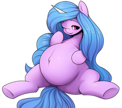 Size: 1357x1200 | Tagged: safe, artist:ahobobo, izzy moonbow, pony, unicorn, g5, beautiful, belly, belly button, big belly, female, izzy mombow, mare, one eye closed, outie belly button, pregnant, simple background, underhoof, white background