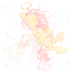 Size: 1280x1280 | Tagged: dead source, safe, artist:onionpwder, fluttershy, pegasus, pony, g4, angel costume, clothes, cloud, costume, cross, cross necklace, dress, eyes closed, halo, jewelry, necklace, open mouth, solo