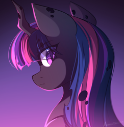 Size: 1497x1541 | Tagged: safe, artist:airiniblock, twilight sparkle, changeling, rcf community, g4, bust, changelingified, digital art, eye clipping through hair, female, gradient background, horn, icon, looking at you, looking back, looking back at you, mare, purple background, purple changeling, purple eyes, purple mane, signature, solo, species swap, twiling