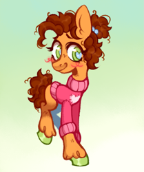 Size: 837x1001 | Tagged: safe, artist:onionpwder, cheese sandwich, earth pony, pony, g4, clothes, eyelashes, female, gradient background, heart, heart eyes, mare, ponytail, solo, sweater, trans female, transgender, wingding eyes