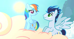 Size: 1223x653 | Tagged: safe, artist:hugsartist, rainbow dash, soarin', pegasus, pony, g4, base used, cloud, female, looking at each other, looking at someone, male, mare, ship:soarindash, shipping, smiling, smiling at each other, stallion, straight