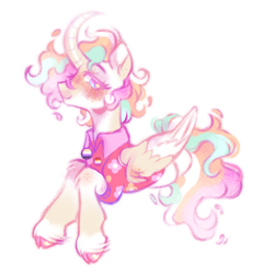 Size: 1280x1280 | Tagged: safe, artist:onionpwder, princess celestia, alicorn, pony, g4, alternate design, alternate hairstyle, blushing, clothes, cloven hooves, curved horn, female, folded wings, gender headcanon, hawaiian shirt, headcanon, horn, lesbian, lesbian pride flag, nonbinary, nonbinary pride flag, pride, pride flag, sexuality headcanon, shirt, short mane, simple background, solo, white background, wings
