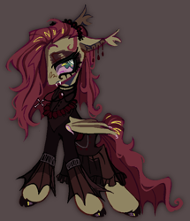 Size: 632x735 | Tagged: safe, artist:onionpwder, fluttershy, bat pony, pony, g4, bat ponified, choker, clothes, colored hooves, cross, cross necklace, dress, ear piercing, ear tufts, earring, eyeshadow, fangs, flutterbat, goth, gothic, jewelry, makeup, necklace, piercing, race swap, simple background, solo