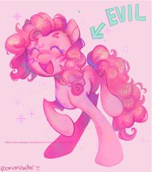 Size: 1068x1202 | Tagged: safe, artist:onionpwder, pinkie pie, earth pony, pony, g4, arrow, blush lines, blushing, evil, eyes closed, pink background, pure unfiltered evil, raised hoof, raised leg, simple background, smiling, solo, sparkles