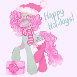 Size: 1066x1066 | Tagged: safe, artist:onionpwder, minty, pony, g3, christmas, clothes, happy holidays, hat, holiday, pink background, present, santa hat, scarf, simple background, socks, solo, that pony sure does love socks