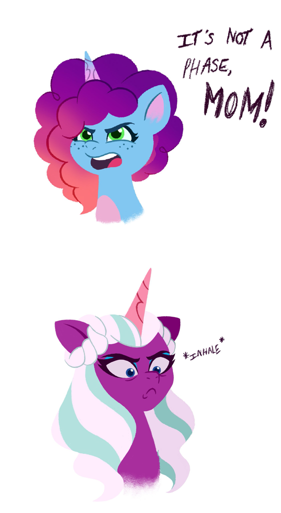 [alicorn,angry,duo,g5,pony,safe,scowl,simple background,unamused,unicorn,white background,it's not a phase,spoiler:g5,artist:allisonpopick,misty brightdawn,opaline arcana,opaline arcana is not amused]