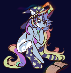 Size: 2048x2102 | Tagged: safe, artist:neonbugzz, oc, oc only, pony, unicorn, blue background, book, clothes, hat, high res, magic, mismatched socks, simple background, socks, solo, striped socks, tongue out, witch hat
