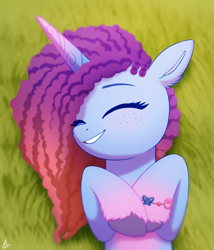 Size: 1710x2000 | Tagged: safe, artist:luminousdazzle, misty brightdawn, pony, unicorn, g5, alternate mane color, bracelet, cornrows, cute, daaaaaaaaaaaw, eyes closed, female, freckles, friendship bracelet, gradient hooves, gradient horn, grass, grin, happy, hooves to the chest, horn, jewelry, lying, lying down, lying in grass, mare, mistybetes, on back, rebirth misty, smiling, solo, unshorn fetlocks, weapons-grade cute, wholesome