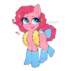 Size: 2029x2029 | Tagged: safe, artist:onionpwder, pinkie pie, earth pony, pony, g4, :p, alternate hairstyle, bow, clothes, ear piercing, earring, heart, high res, jewelry, piercing, redesign, simple background, socks, solo, tail, tail bow, tongue out, white background