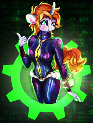 Size: 2500x3300 | Tagged: safe, artist:br0via, oc, oc only, oc:littlepip, unicorn, anthro, fallout equestria, clothes, female, jumpsuit, solo, vault suit