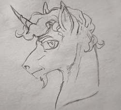 Size: 1984x1798 | Tagged: safe, artist:saby, derpibooru exclusive, oc, oc only, oc:spinel symmetrics, pony, unicorn, black and white, bust, curly mane, curved horn, facial hair, flared nostrils, goatee, grayscale, horn, looking at you, male, monochrome, pencil drawing, portrait, serious, side view, simple background, solo, stallion, traditional art, white background