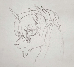 Size: 1984x1798 | Tagged: safe, artist:saby, derpibooru exclusive, oc, oc only, oc:windwatcher, pony, unicorn, black and white, bust, ear fluff, facial hair, flared nostrils, glasses, goatee, grayscale, looking at you, male, monochrome, pencil drawing, portrait, serious, shrunken pupils, side view, simple background, solo, stallion, traditional art, white background