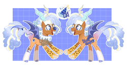 Size: 3608x1912 | Tagged: safe, artist:dixieadopts, oc, oc:fantastic fiesta, draconequus, hybrid, anklet, antlers, bat wings, big smile, blue background, blue eyes, bracelet, clown, clown nose, coat markings, colored hooves, colored wings, draconequus oc, ear piercing, earring, facial markings, fangs, gradient body, gradient mane, gradient tail, grid, interspecies offspring, jewelry, leonine tail, magical gay spawn, male, mismatched horns, mismatched wings, offspring, open mouth, parent:cheese sandwich, parent:discord, paws, piercing, red nose, ruff (clothing), simple background, smiling, socks (coat markings), solo, sparkly mane, sparkly tail, spread wings, tail, transparent background, wings
