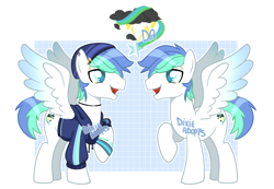 Size: 3332x2300 | Tagged: safe, artist:dixieadopts, oc, oc:waterspout, pegasus, pony, beanie, choker, clothes, colored wings, cyan eyes, eyebrow piercing, gradient wings, grid, hat, high res, hoodie, jewelry, light blue background, male, necklace, open mouth, piercing, raised hoof, simple background, smiling, solo, spread wings, stallion, standing, transparent background, wings