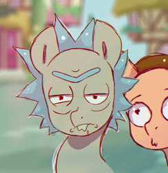 Size: 1458x1500 | Tagged: safe, artist:minckies, earth pony, pony, bust, male, morty smith, outdoors, ponified, rick and morty, rick sanchez, stallion, unamused