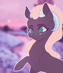 Size: 1000x1150 | Tagged: safe, artist:minckies, oc, oc only, goat, goat pony, pony, bust, female, freckles, horns, mare, outdoors, ram horns, solo