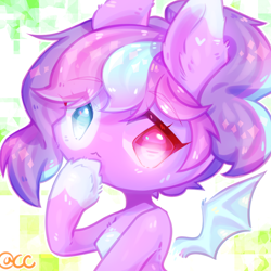 Size: 2000x2000 | Tagged: safe, artist:prettyshinegp, oc, oc only, bat pony, pony, abstract background, bat pony oc, bust, chibi, female, floating wings, heterochromia, high res, mare, solo, thinking, wings