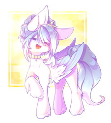 Size: 1993x2209 | Tagged: safe, artist:prettyshinegp, oc, oc only, oc:stardust, pegasus, pony, abstract background, collar, eyes closed, open mouth, pegasus oc, raised hoof, smiling, solo