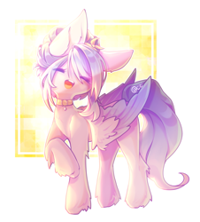 Size: 1993x2209 | Tagged: safe, alternate version, artist:prettyshinegp, oc, oc only, oc:stardust, pegasus, pony, abstract background, collar, eyes closed, open mouth, pegasus oc, raised hoof, smiling, solo