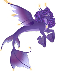 Size: 1257x1454 | Tagged: safe, artist:caliartshow, oc, oc only, seapony (g4), adoptable, digital art, dorsal fin, ethereal mane, eyelashes, female, fin, fin wings, fins, fish tail, flowing mane, flowing tail, jewelry, looking at you, mare, mermay, necklace, purple mane, seapony oc, signature, simple background, smiling, smiling at you, solo, spread wings, starry mane, tail, transparent background, wings, yellow eyes