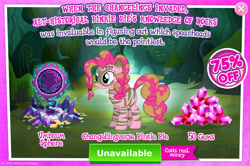 Size: 1961x1300 | Tagged: safe, gameloft, pinkie pie, earth pony, pony, g4, my little pony: magic princess, advertisement, alternate hairstyle, alternate timeline, chrysalis resistance timeline, costs real money, english, face paint, female, gem, introduction card, mare, mobile game, numbers, sale, solo, text, tribal pie